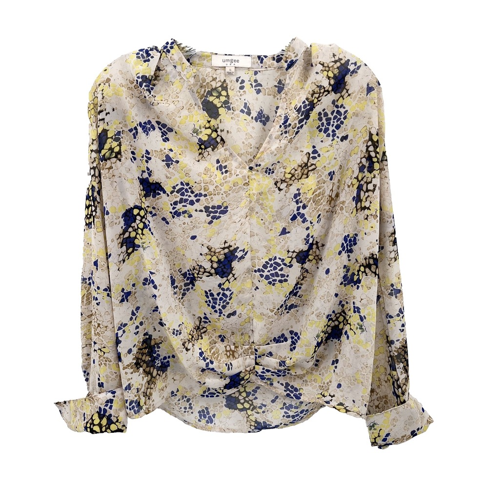 UMGEE Women's Sz S Long-Sleeve V-Neck Beige Print Semi-Sheer Rouched Hem Blouse